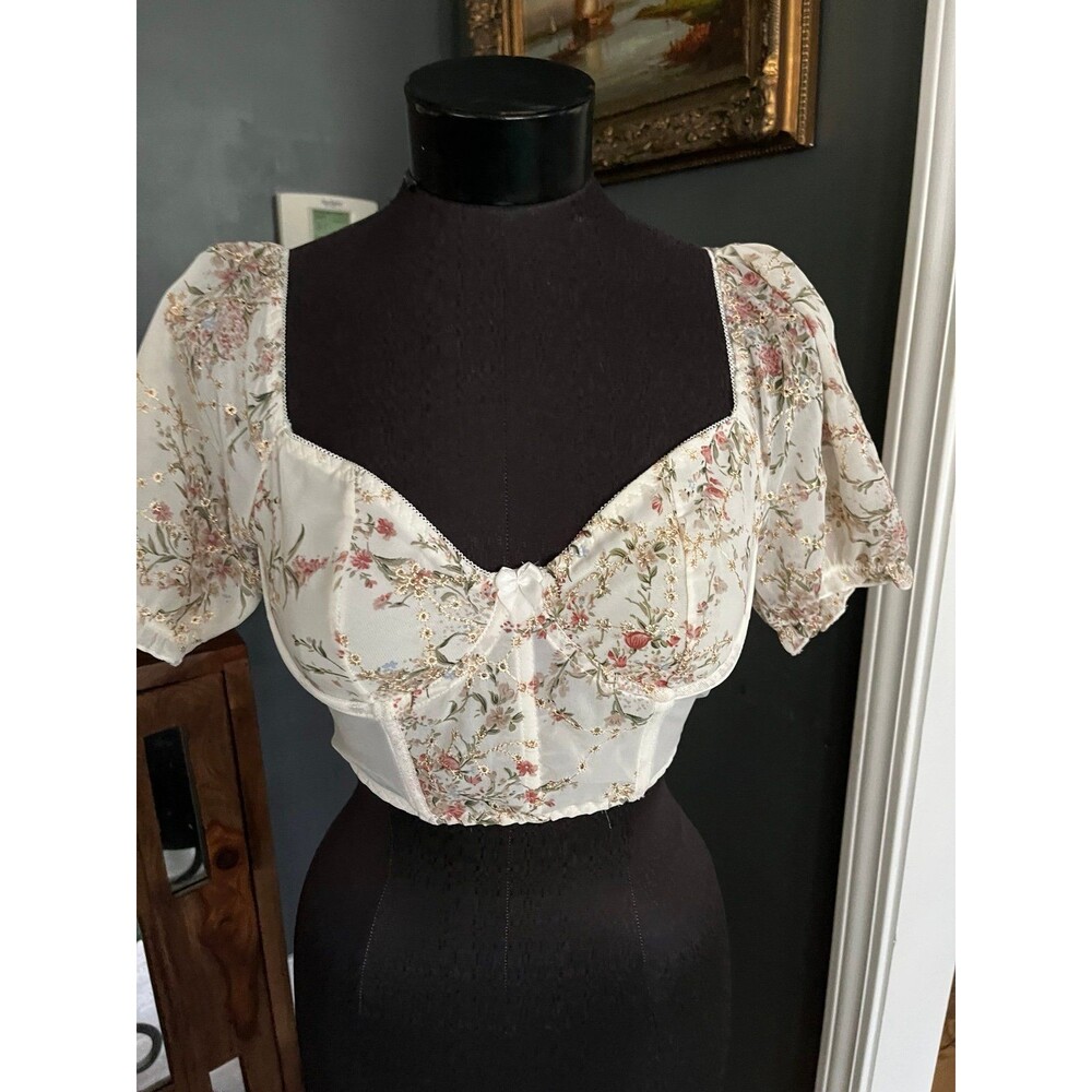 Fairy core Fitted Corset Floral Sheer Top Cottage Coquette Cropped embroidery S